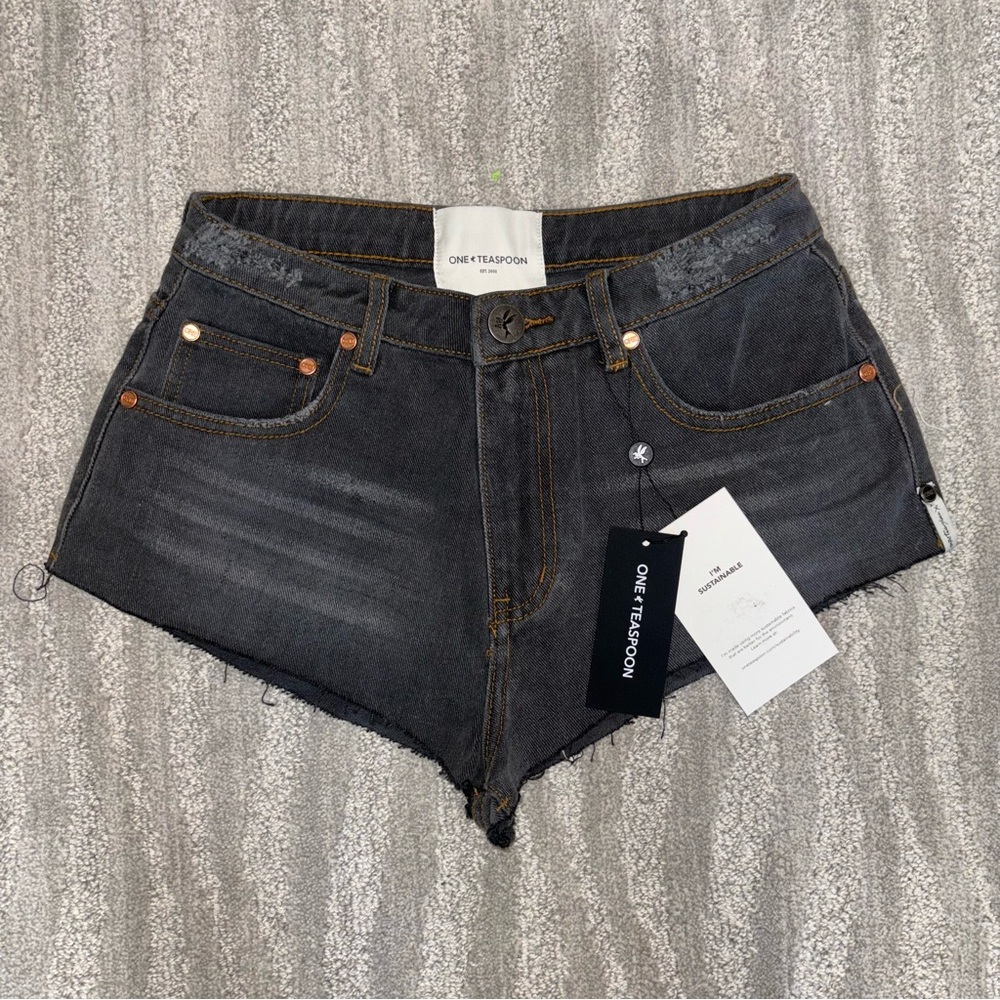 NWT One Teaspoon High Waist Cheeky Denim Recycled Black Cutoff Shorts Women’s 27